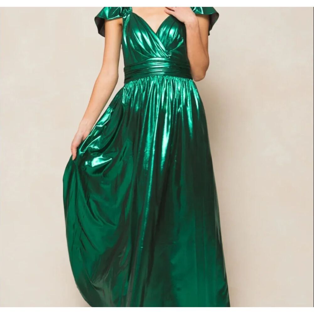 NWT Ivy City Co Hera Shimmering Emerald Metallic Green Maxi Formal Dress Large